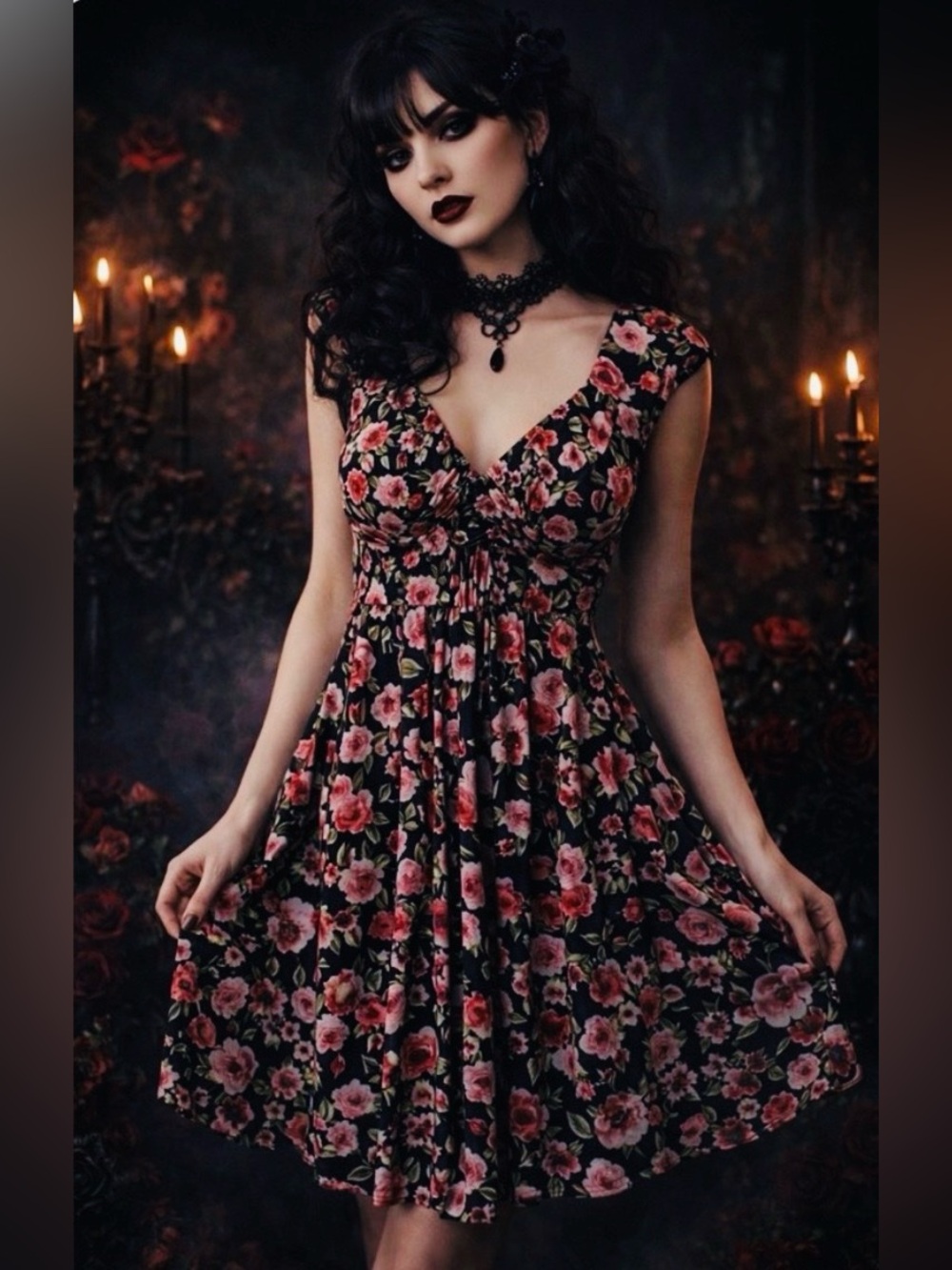 Vintage Y2K Milkmaid Dark Floral Dress Size 12P Dainty Bloomcore Fairy Grunge